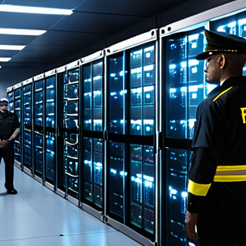 Home 11 A security guard with glowing eyes watching over a server room filled with containers. The guard is labeled "Falco" and the scene is dark, emphasizing runtime security.
