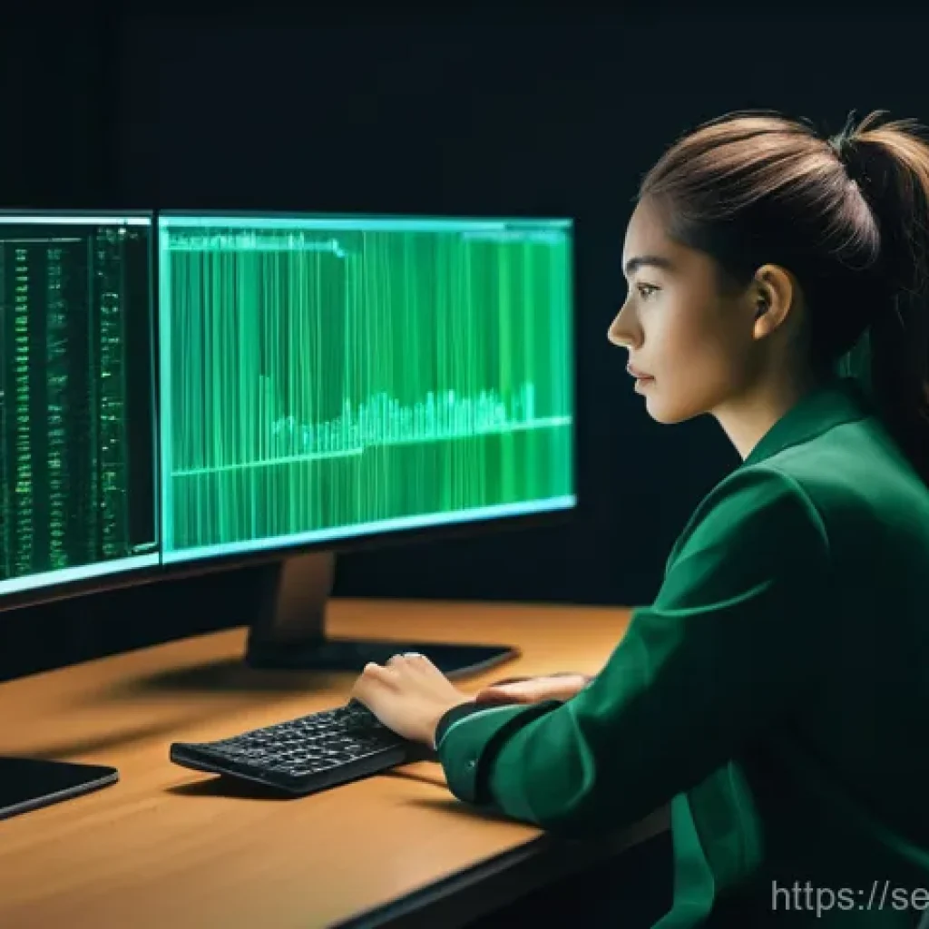 컨테이너 배포 후 보안 점검 방법 - A focused female developer, aged late 20s, wearing smart-casual attire, sits at a desk in a modern, ...