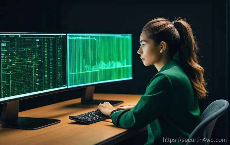 컨테이너 배포 후 보안 점검 방법 - A focused female developer, aged late 20s, wearing smart-casual attire, sits at a desk in a modern, ...