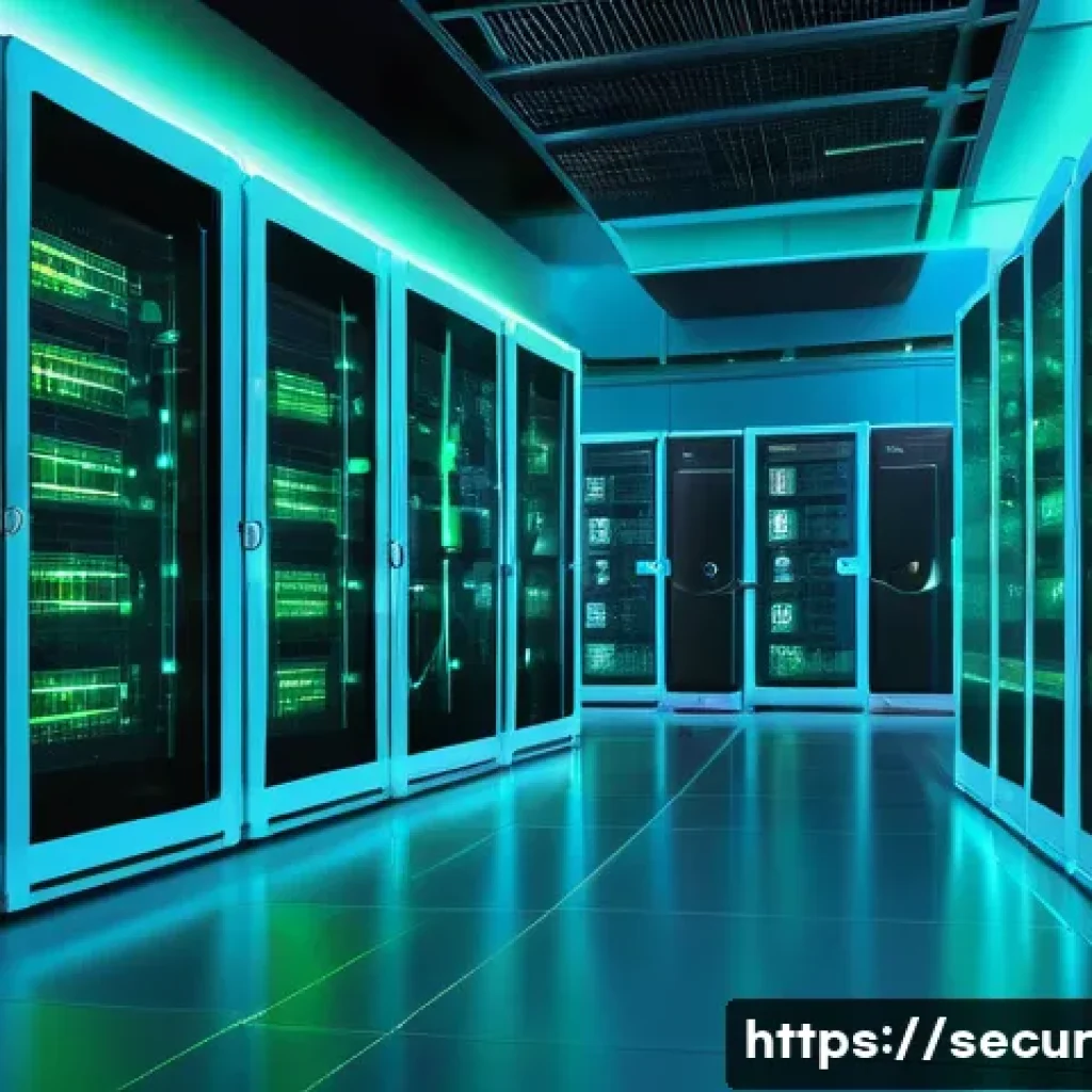 컨테이너 보안 정책의 발전 방향 - A highly detailed futuristic data center interior showcasing containerized cloud infrastructure with...