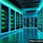 Home 21 컨테이너 보안 정책의 발전 방향 - A highly detailed futuristic data center interior showcasing containerized cloud infrastructure with...