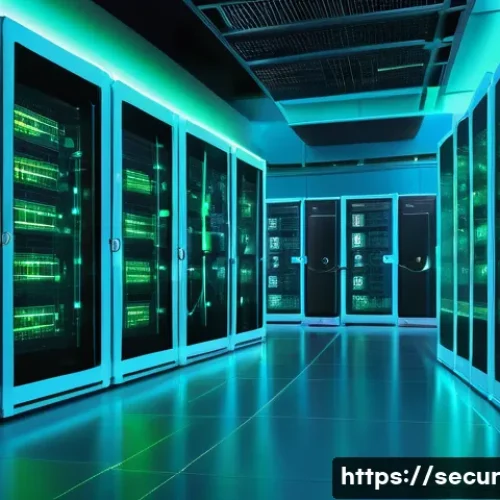 Home 33 컨테이너 보안 정책의 발전 방향 - A highly detailed futuristic data center interior showcasing containerized cloud infrastructure with...
