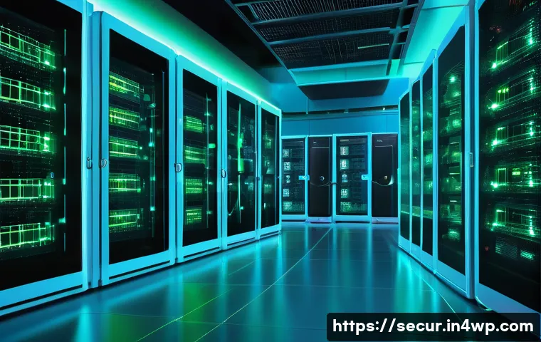 컨테이너 보안 정책의 발전 방향 - A highly detailed futuristic data center interior showcasing containerized cloud infrastructure with...