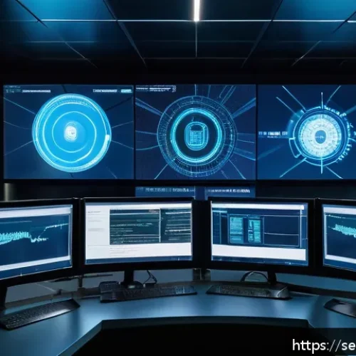 Home 31 최신 컨테이너 보안 트렌드 분석 - A futuristic cybersecurity control room focused on container security, featuring multiple holographi...