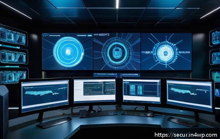 최신 컨테이너 보안 트렌드 분석 - A futuristic cybersecurity control room focused on container security, featuring multiple holographi...