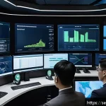 Home 23 컨테이너 환경의 접근 제어 모범 사례 - A detailed, futuristic control room showcasing a secure container environment management dashboard o...