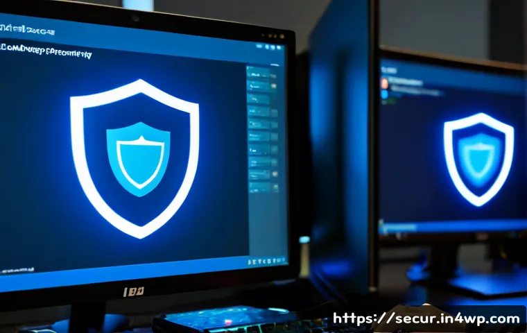 Home 17 컨테이너 이미지 보안 강화 방법 - Photorealistic cybersecurity workspace showing a secure container deployment concept: a clean server...